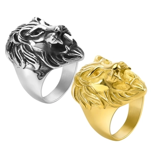 Men's retro lion head punk rings in polished gold and silver stainless steel finishes
