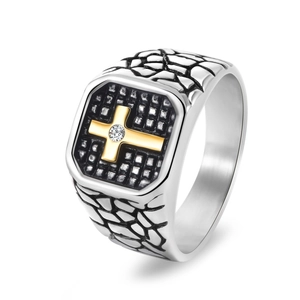 Vintage Stainless Steel Cross Signet Ring For Men Punk Rock Texture Inlaid Rhinestone Square Finger Band Gothic Jewelry