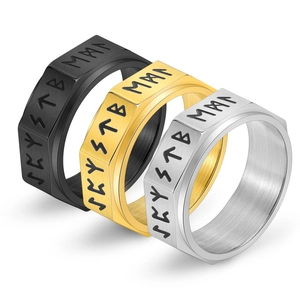 Octagonal Viking Runic spinner rings in black, gold, and silver brushed stainless steel