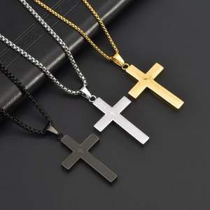Cross pendant necklace with Lord's Prayer engraving in gold, silver and black steel