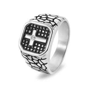 Vintage men's stainless steel cross ring with cracked texture and center zircon stone