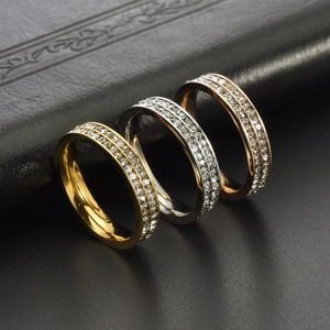 Three minimalist 18K gold double row diamond rings in gold silver and rose gold finishes