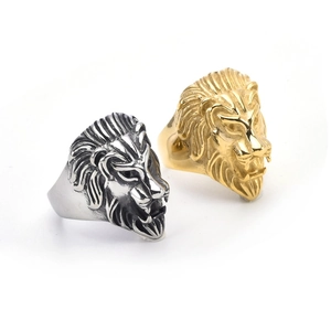 Gothic lion head rings for men in gold and silver finishes, stainless steel punk jewelry