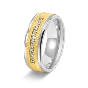 Bague en Acier Inoxydable Dépoli à la Mode pour Hommes Bicolore Or Argent avec Strass Incrustés Bague Géométrique Bijoux
