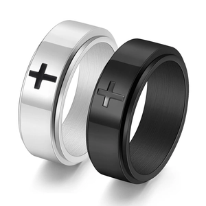 Detail of 8mm wide rotating spinner rings in black and silver steel with cross patterns