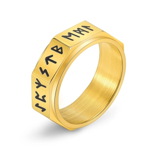 Nordic Viking gold rotatable stainless steel ring with black rune engravings on hex surface