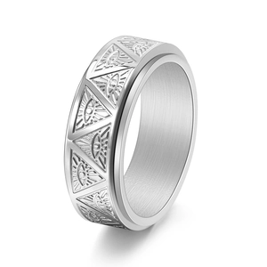 Men's spinning stainless steel ring featuring embossed Eye of Providence on silver band