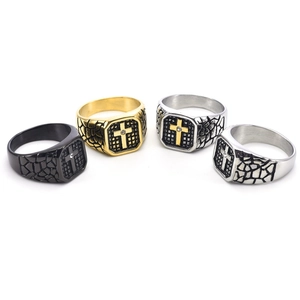 Men's punk cross rings in black, gold, and silver finishes with vintage crack textures