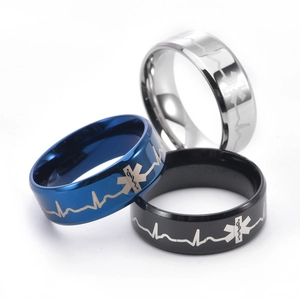 Anelli medici da 8mm in nero, blu e argento con stella della vita e incisione battito