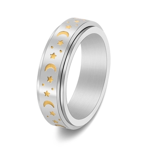 Spinning stainless steel star and moon stress relief ring in silver and gold finish