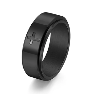 8mm black spinner ring for men featuring engraved crosses and a brushed metal finish