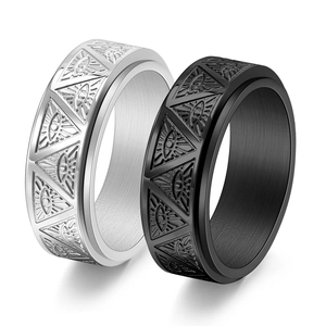 Detail of rotating stainless steel spinner ring with Eye of Providence relief pattern