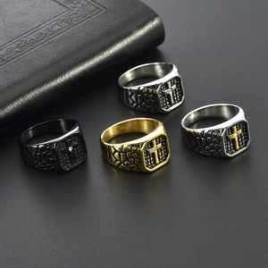 Vintage stainless steel signet rings with cross motif and stone texture in four colors