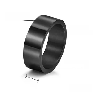Detailed specs of 8mm black titanium steel ring with polished finish and dimensions