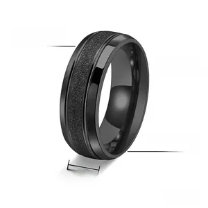 Detail showing 8mm black titanium steel ring with matte finish and polished edges