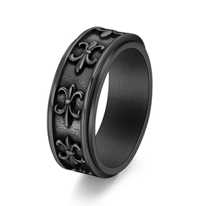 Retro black matte stainless steel ring with fleur-de-lis relief for men gothic style