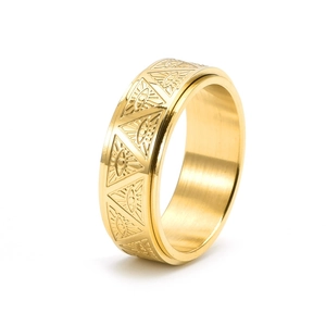 Golden stainless steel All-Seeing Eye spinning ring with engraved triangle side patterns