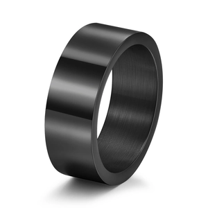 Polished black wide band titanium ring for men with minimalist aesthetic on white background