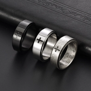 8mm spinner cross ring for men in matte black, polished silver and vintage steel
