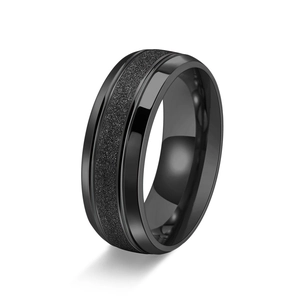 8mm black titanium steel ring featuring a matte sandblasted center and polished bevel edges