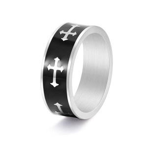 Unisex stainless steel cross ring with black enamel finish and brushed metal interior