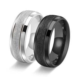 Polished 8mm titanium steel ring with glitter frosted center in silver and black colors