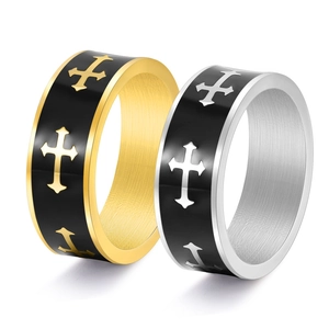 Punk style stainless steel wide rings with black enamel cross pattern in gold and silver