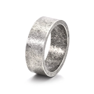 Minimalist wide band stainless steel ring with vintage silver finish and industrial style
