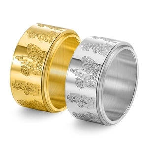 Bague rotative en acier titane avec gravures en relief de créatures mythiques chinoises