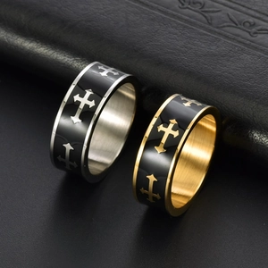 Punk style stainless steel cross rings with black enamel finish in silver and gold colors