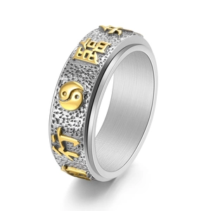 Bague Tournante en Acier Inoxydable de Style Chinois pour Hommes Tai Chi Yin Yang Mantra à Neuf Mots Relief Vintage Bague