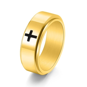 8mm gold spinning stainless steel ring with black cross for stress relief and fashion