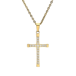Edelstahl Strass Kreuz Anhänger Halskette Für Damen Elegant Preppy-Stil Gold Silber Schwarz Kette Schmuck Religiöse Halskette