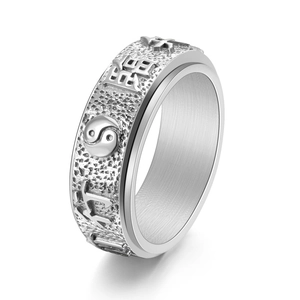 Bague rotative yin yang chinoise en acier inoxydable avec relief martelé et symbole fu