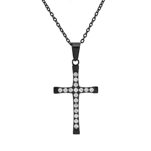 Schwarze Kreuz-Halskette für Damen mit weißen Kristallen an einer feinen Ankerkette im Retro-Stil