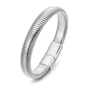 Bracciale moderno in acciaio inossidabile argento con trama a molla e chiusura lucida