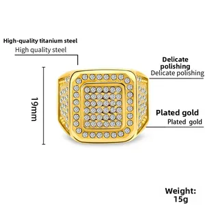 Detail view of 18K gold plated ring with 19mm width and cubic zirconia stones