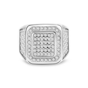 Men's hip hop signet ring in silver finish with square micro-pave cubic zirconia diamonds