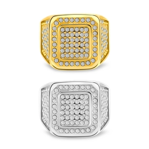 Hip-hop style square 18K gold and silver rings with full CZ pave setting on white background