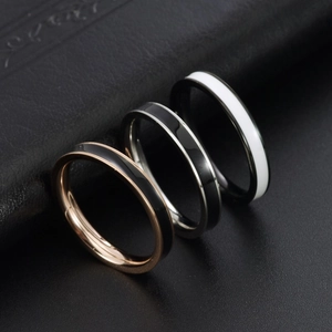 Three-piece minimalist 3mm stainless steel rings with black enamel inlay in varied finishes