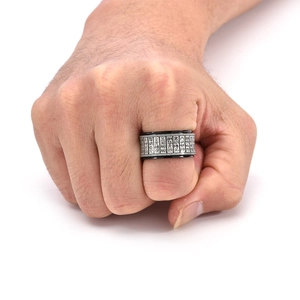 Rotating stainless steel men's ring with engraved Buddhist sutra script on silver-black band