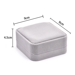 Square grey velvet jewelry gift box with dimensions 9cm by 9cm and 4.5cm height