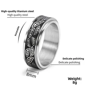 Detail of 8mm rotating spinner ring in polished titanium steel with evil eye pattern