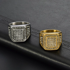 Men's hip hop square signet ring with full white stones in gold and silver finish
