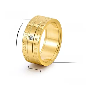 Close-up of rotatable titanium steel calendar ring with gold plating and cubic zirconia