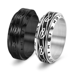 Rotating Viking Rune ring in black and silver titanium steel with Celtic knots