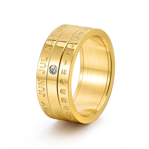 Rotating gold titanium steel calendar ring with Roman numerals and cubic zirconia inlay