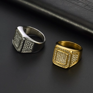 Iced out square signet ring in 18K gold and silver plating with full cubic zirconia stones