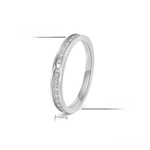 Detail shot of 3mm silver stainless steel ring with micro-paved white zircon stones