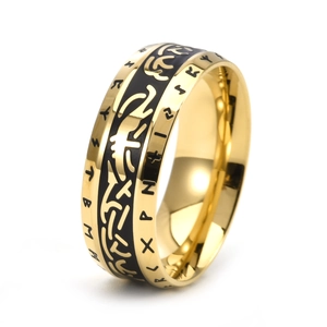 Gold stainless steel Viking Rune ring with black inlay and Nordic engraving details